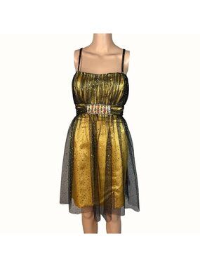 Privada Collection Gold & Black Cocktail Dress With Sequin Overlay & Beaded Wais